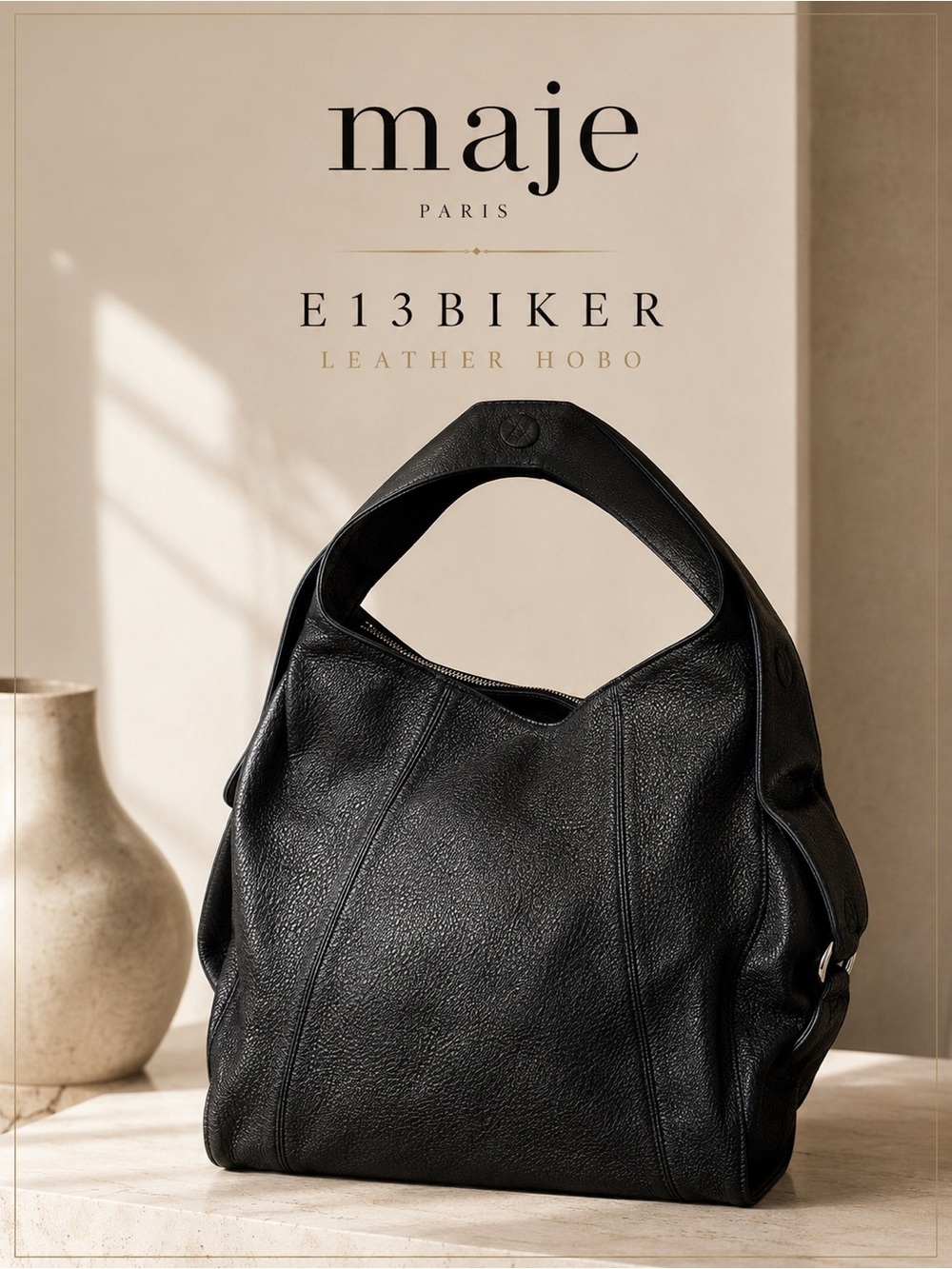 Maje E13BIKER Black Leather Oversized Hobo Shoulder Bag